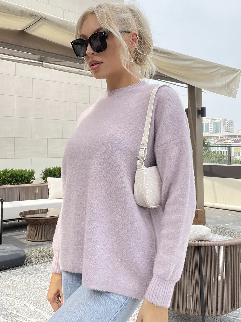 Women`s Sweaters Mink Sweater Stand Collar Loose Knit Sweater Women`s Casual Sweater