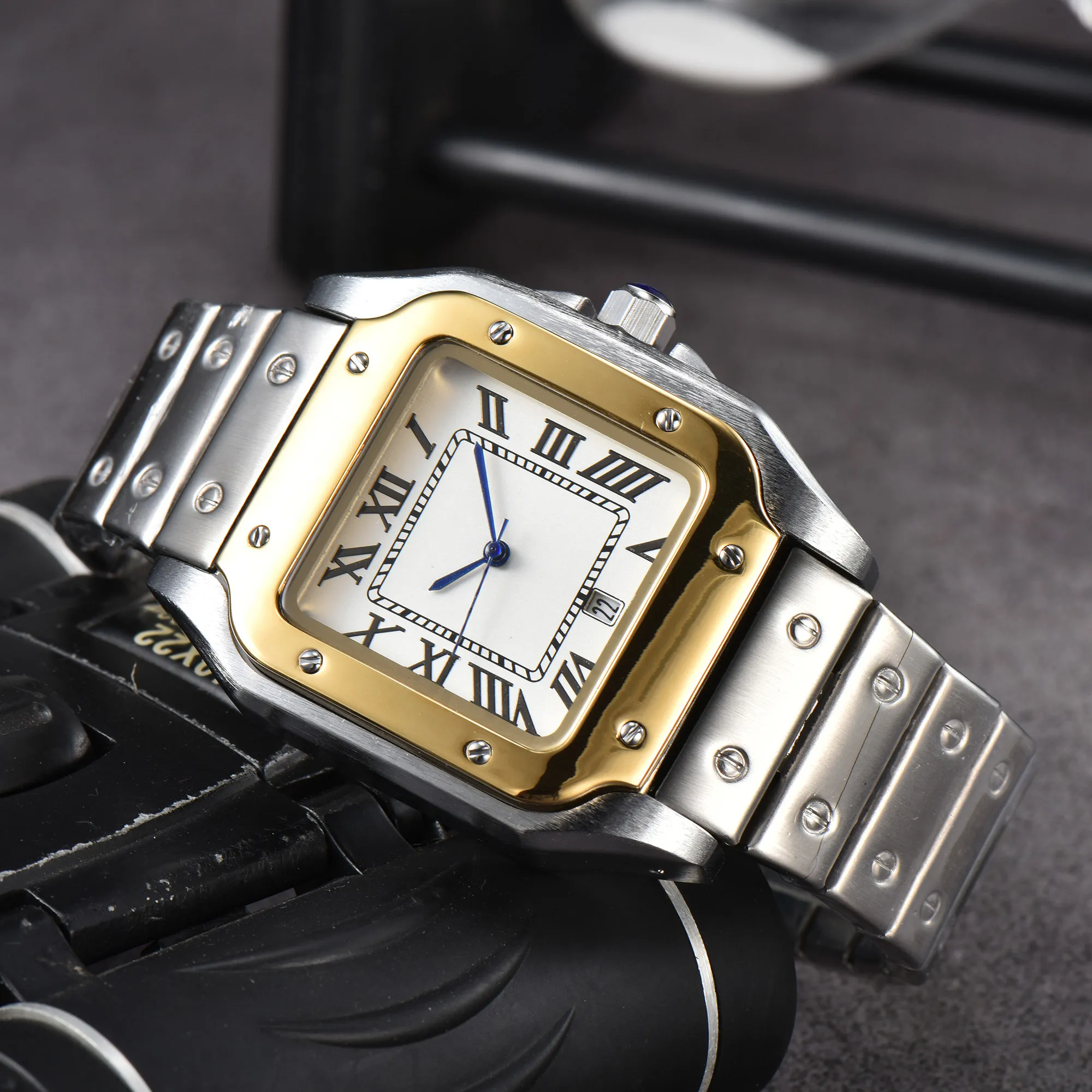 Mens 3 Pin Quartz Square with Scanning Second Movement Calendar All Steel Square Dial Aaa Watch High Quality