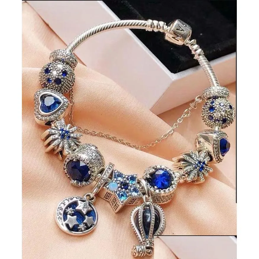 Bracelets de charme Sier Bleu Charme Perle Fit Bracelets Européens Pour Femmes Plume Lune Étoiles Ballon Cristal Perles Chaîne Bijoux De Mode Dhymf