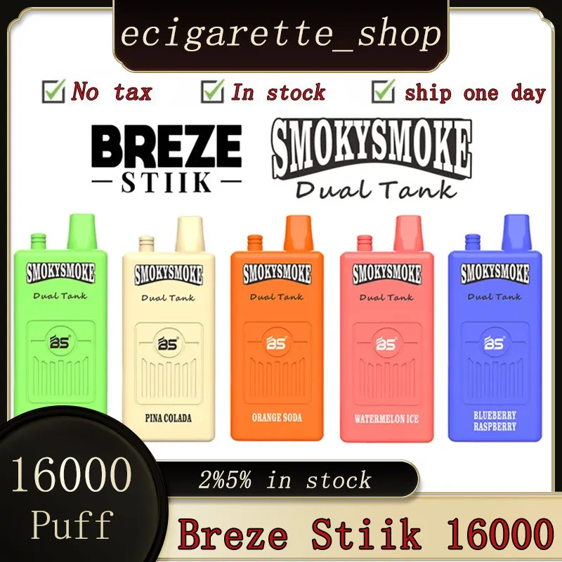 Originale Breze Stiik 16000 Puff Dual Tank (36 ml) 18 ml x 2 Pod con bobina ricaricabile da 650 mAh Batteria ricaricabile BS puff 16k Penna Vape monouso Pod Ecig puff 16000