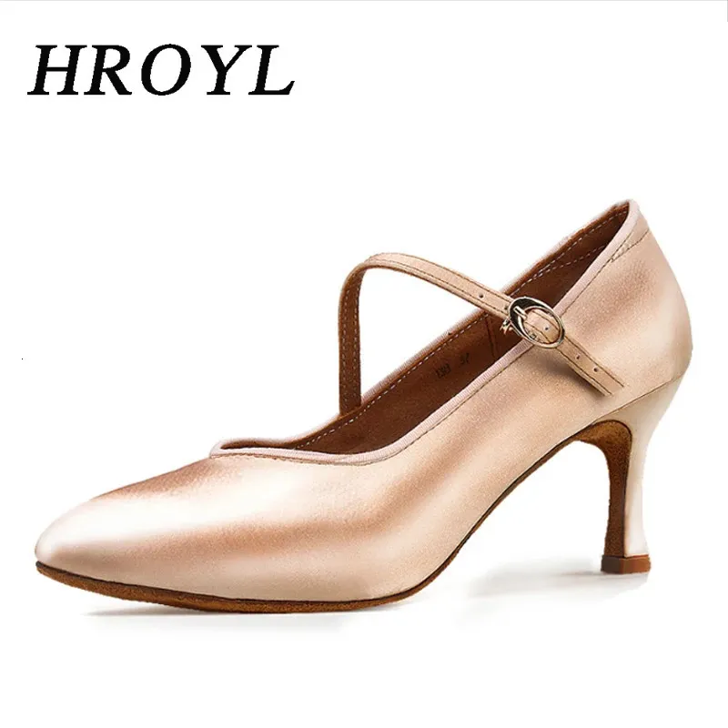 HROYL Girls Modern Latin Dance Shoes Women Ladies Ballroom Tango Dancing Shoes Closed Toe Soft Suede Sole Silk Satin 240117