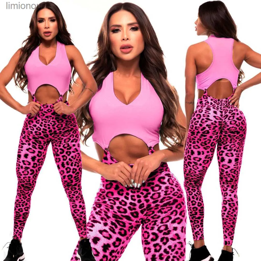 Active Sets 2023 Pad Seperate Sport Bra Scrunch Pant Leopard One Piece Jumpsuits Women Bodycon Workout Legging Gym Fitness Active Wear SuitsL240118