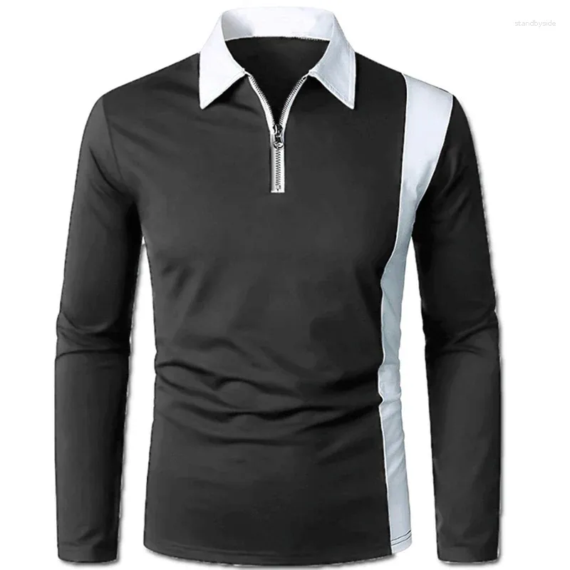 Polos para Hombre Bloques de Color Solapa Cremallera Empalme Polo Camisa Otoño Manga Larga Jersey Blusa Hombre Joven Diario Casual Tops Sueltos