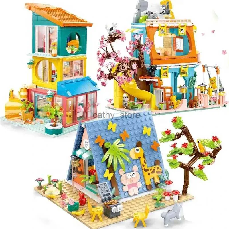 Blocos novos amigos cidade gato hotel conjuntos menina a-frame pet casa apartamento jardim villa sakura árvore blocos de construção diy moc brinquedo criança giftl240118