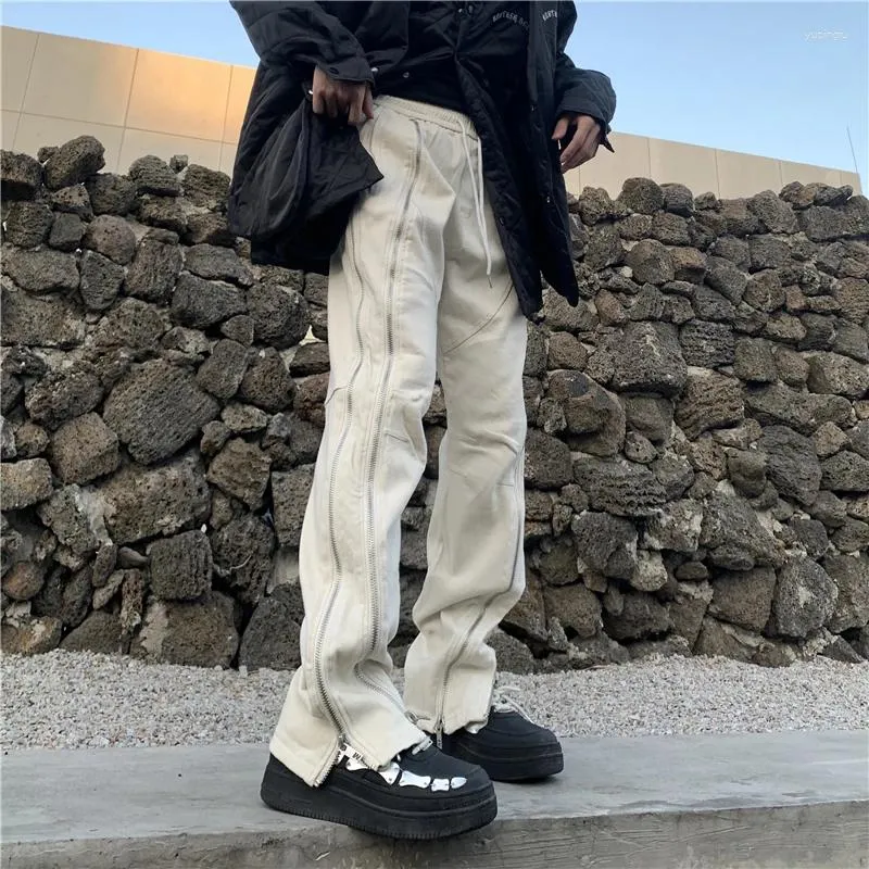 Мужские джинсы на молнии в стиле хип-хоп Брюки-карго Y2k Женщина Мужчина Мешковатая уличная одежда Повседневная черная многослойная мужская тонкая расклешенная белая одежда
