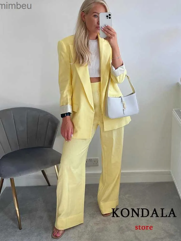 Abiti da donna Blazer KONDALA Office Lady Tinta unita in cotone giallo e lino Blazer da donna Tasche con scollo a V Giacche lunghe larghe Moda 2022 Elegante blazer femminileL240118