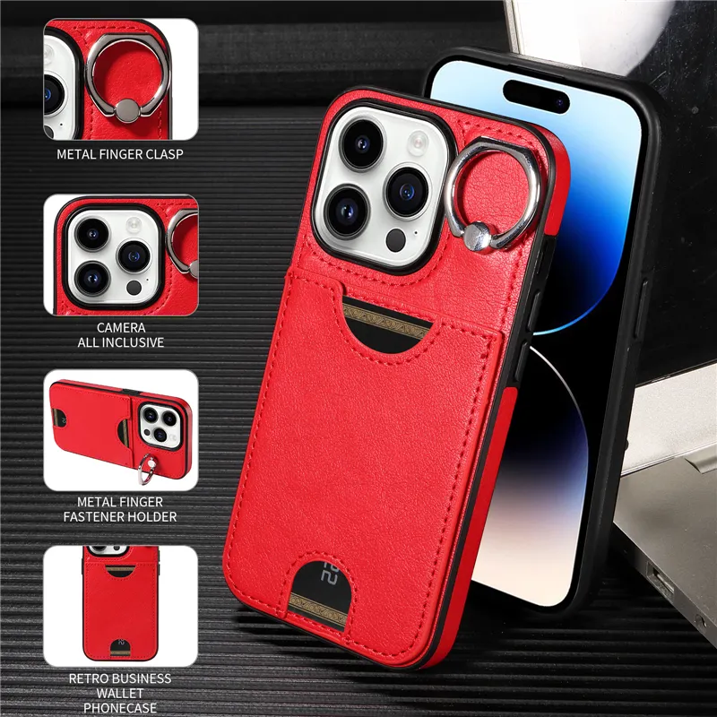 Capa de telefone de couro com suporte de anel para iPhone 15 14 13 Pro Max Samsung Galaxy S24 S23 Ultra S23FE A13 5G A33 A53 A73 A04 A04S A52 A52S A72 S21FE Slot para cartão Suporte de carteira Shell