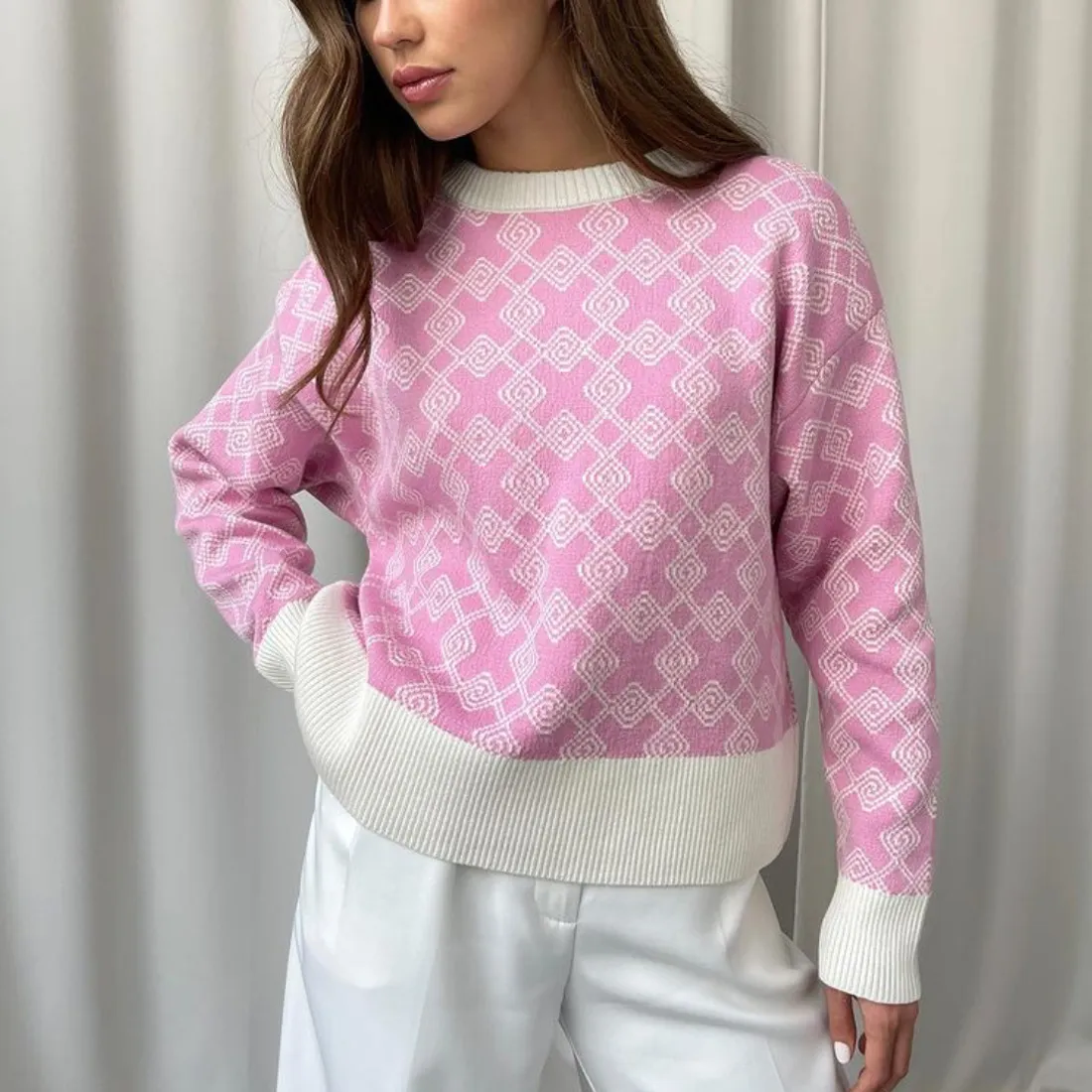 Women`s Sweaters Women`s Geometric Jacquard Sweater European American Foreign Trade Spring Autumn INS  Long Sleeve Loose Knit Sweater