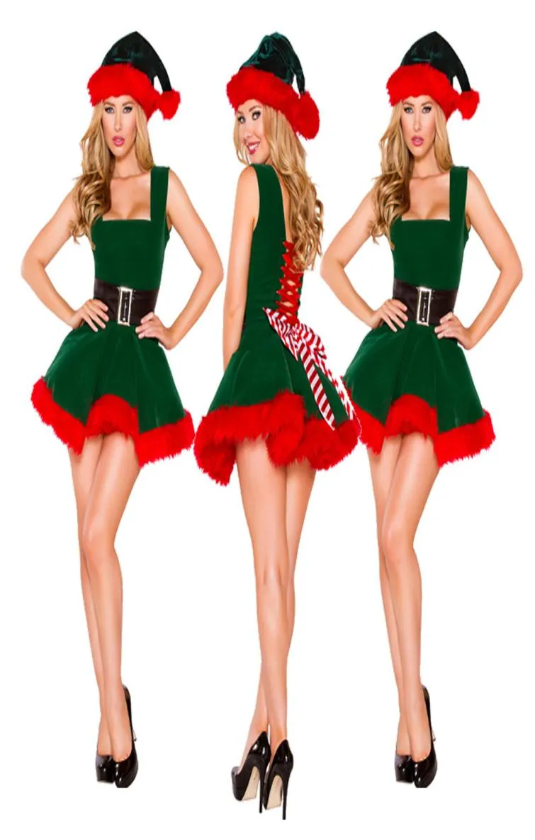 Kadınlar Noel Partisi Elbise Yeşil Kırmızı Kısa Uzunluk Seksi Elbise Noel Baba Cosplay Giyim 2386086