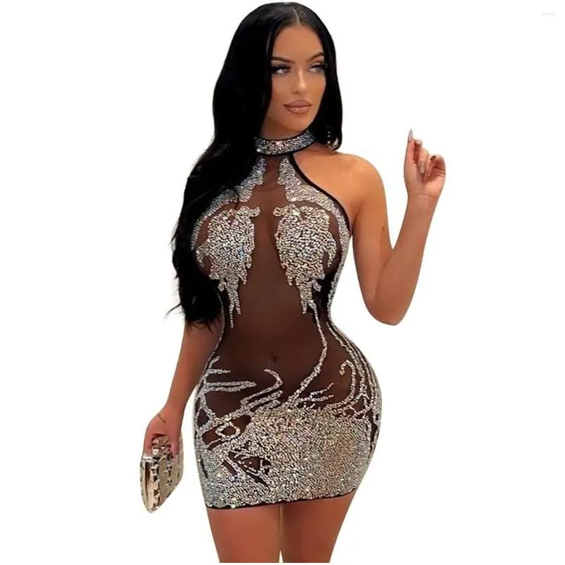 Basic & Casual Dresses Casual Dresses Zoctuo Womens Elegant Diamonds Vestidos Lady Y Tight Sheer Mesh Drill Party Rave Activity Night Dh4Zk