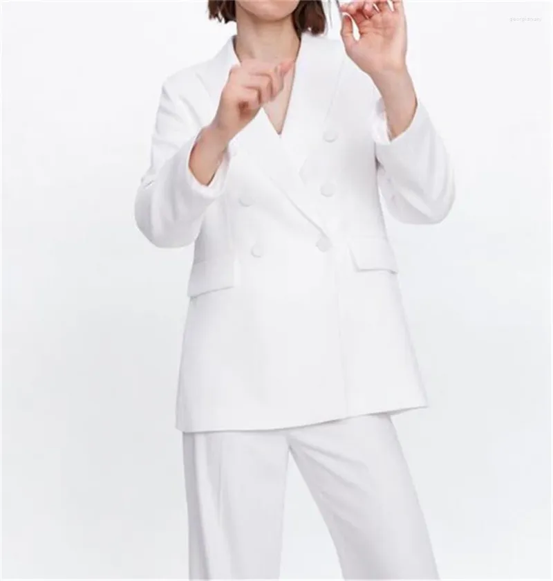 Women's Two Piece Pants Latest Classic Style Women Suits Set White Double Breasted Blazer Jacket With Wide Leg Office Lady Wear Wedding Dres