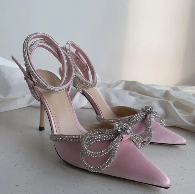 Top dress shoes Mach 100 Silk Satin Double Bow Crystal Pumps wedding sandal white black pink red blue women high heels luxury party designer slipper