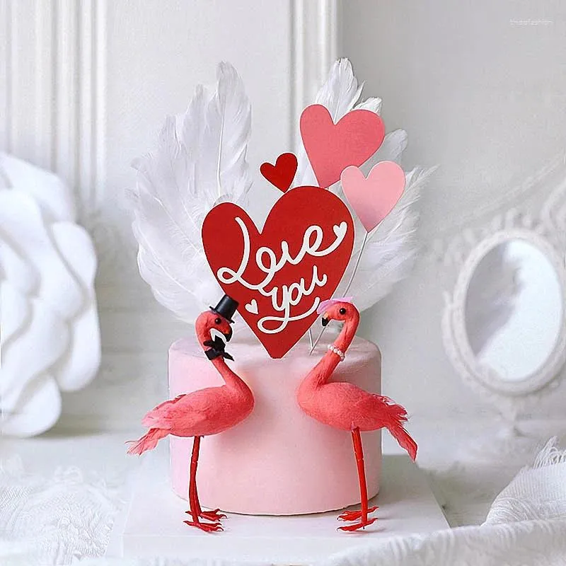 Décoration de gâteau flamant rose pour amoureux, fournitures de fête, lettre cœur LoveYou, décoration de mariage pour la saint-valentin, décor de pâtisserie et de Dessert