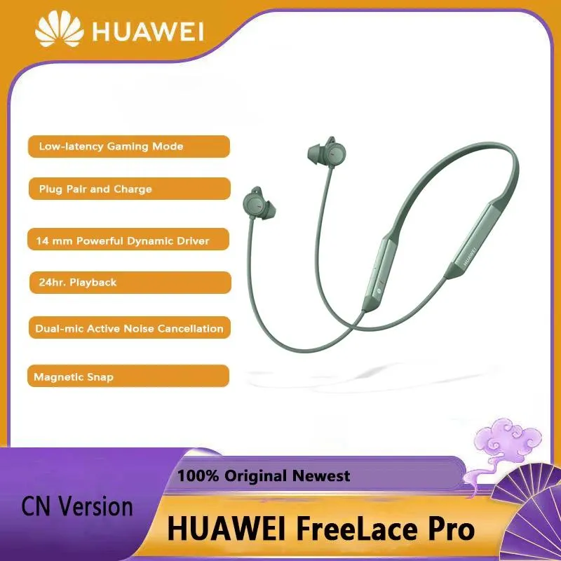 Écouteurs Huawei Freelace Pro Wireless Headphones Dualmic Active Bruit Annulation Écouteur 14 mm Écouteurs de col dynamique puissants