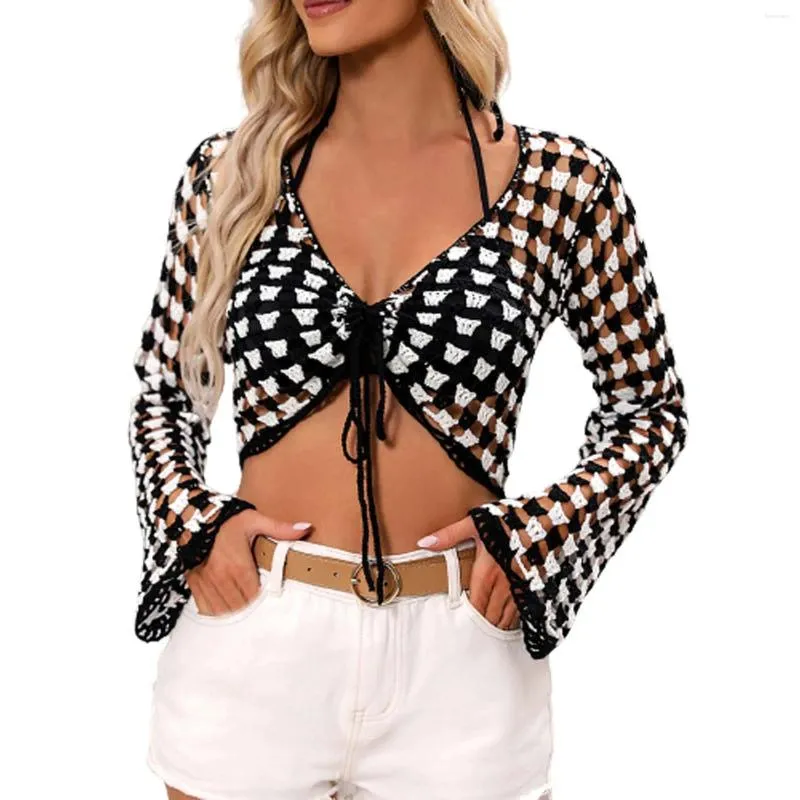 Dames Zwemkleding Halter Blouses Lange mouwen Flare mouw 2024 Lente Zomer Draperen Garen Breien Bikini Strand Uitsnede Taille Vakantie Tops