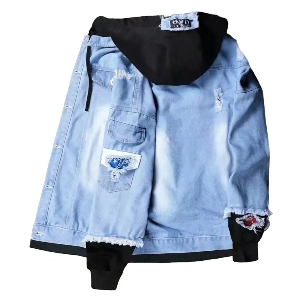 Mens Trendy Ripped Denim Jacket Button Down Jean Jacket with