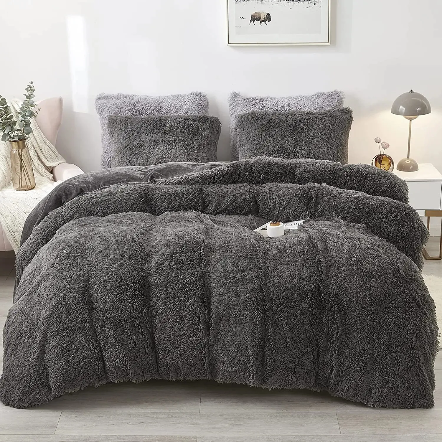 Fluffy Comforter Cover Bed Set Faux Fur Fuzzy Däcke Cover Set Luxury Ultra Soft Plush Shaggy Däcke Cover 3 Pieces 240118