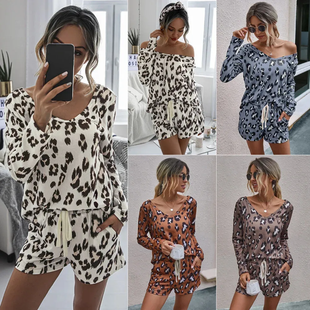 Outono leopardo pijamas conjunto feminino casa wear loungewear pjs feminino sexy pijamas sleep wear homewear senhoras casa terno 240118