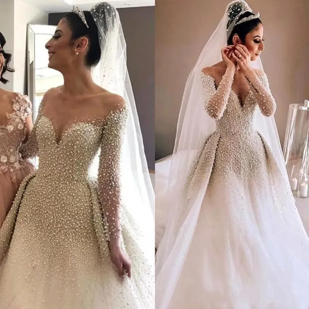 Stunningbride 2024 Arabic Sheer Long Sleeves Tulle A Line Wedding Dresses White Fashion Beaded Pearls Ruched Court Train Wedding Bridal Gowns