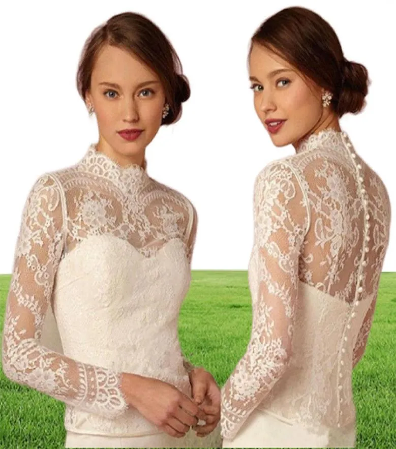 BHLDN 2019 Wedding Bridal Wraps Long Sleeve High Neck Wedding Lace Jackets Bolero Wraps New Button Back Custom Made Bridal Jacket1530920