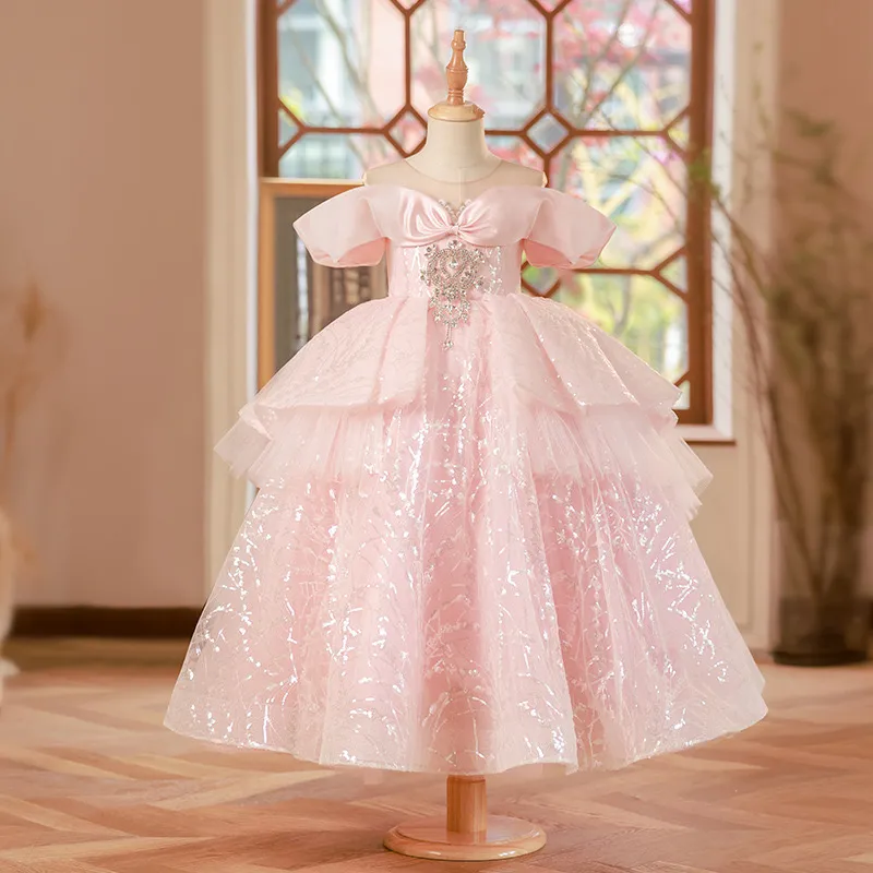 2024 luxuosos rosa brilhante menina de renda de renda de renda lilttle Kids Weddding Tulle Puff Birthday Vestres Vestes Domes Domenses 403