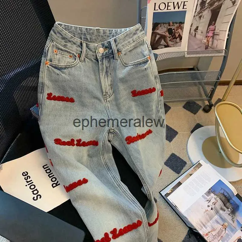 Women's Jeans American ins vintage high street letter embroidered jeans women fashion design loose straight wide leg mops 2023 newephemeralew