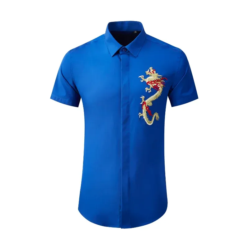 新しい到着ファッション夏の半袖刺繍huanglong中国人男性の絶妙なスリムコットンカジュアルシャツプラスサイズM-4xl