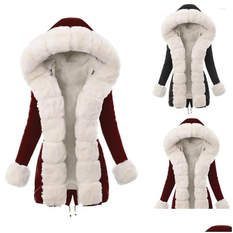 Kvinnor Down Parkas Womens Down Hooded Faux Fur Coat Plus Size Ladies Foder Winter Warm Tjock Long Jacket Overcoat XXXL Drop Delive DHRV9