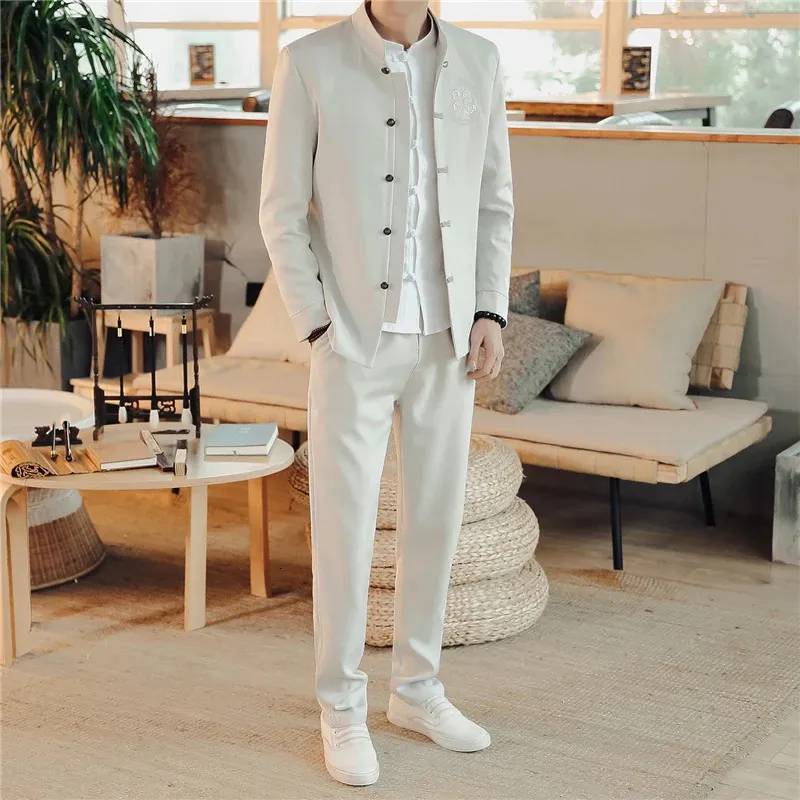 Terno casual masculino de negócios, 2 peças, estilo vintage chinês, vestido bordado de casamento, roupas, blazers e calças com cordão 240117