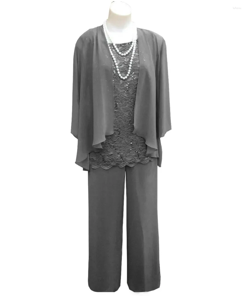 Dames Tweedelige broek Kant Chiffon Moeder van de bruidjurk 3-delig Elegant colbert Outfit 3/4 mouwen Voor Bruiloft Bruidegom Gast Jurk