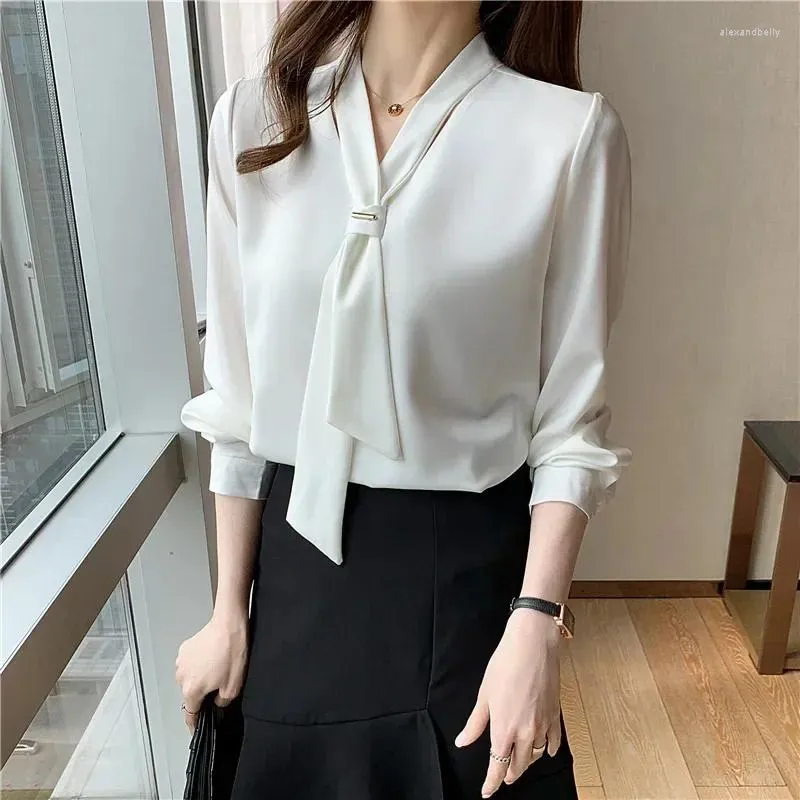 Women's Blouses Korean Style V-neck Loose Bow Professional White Chiffon Shirt Top Elegant Long Sleeve