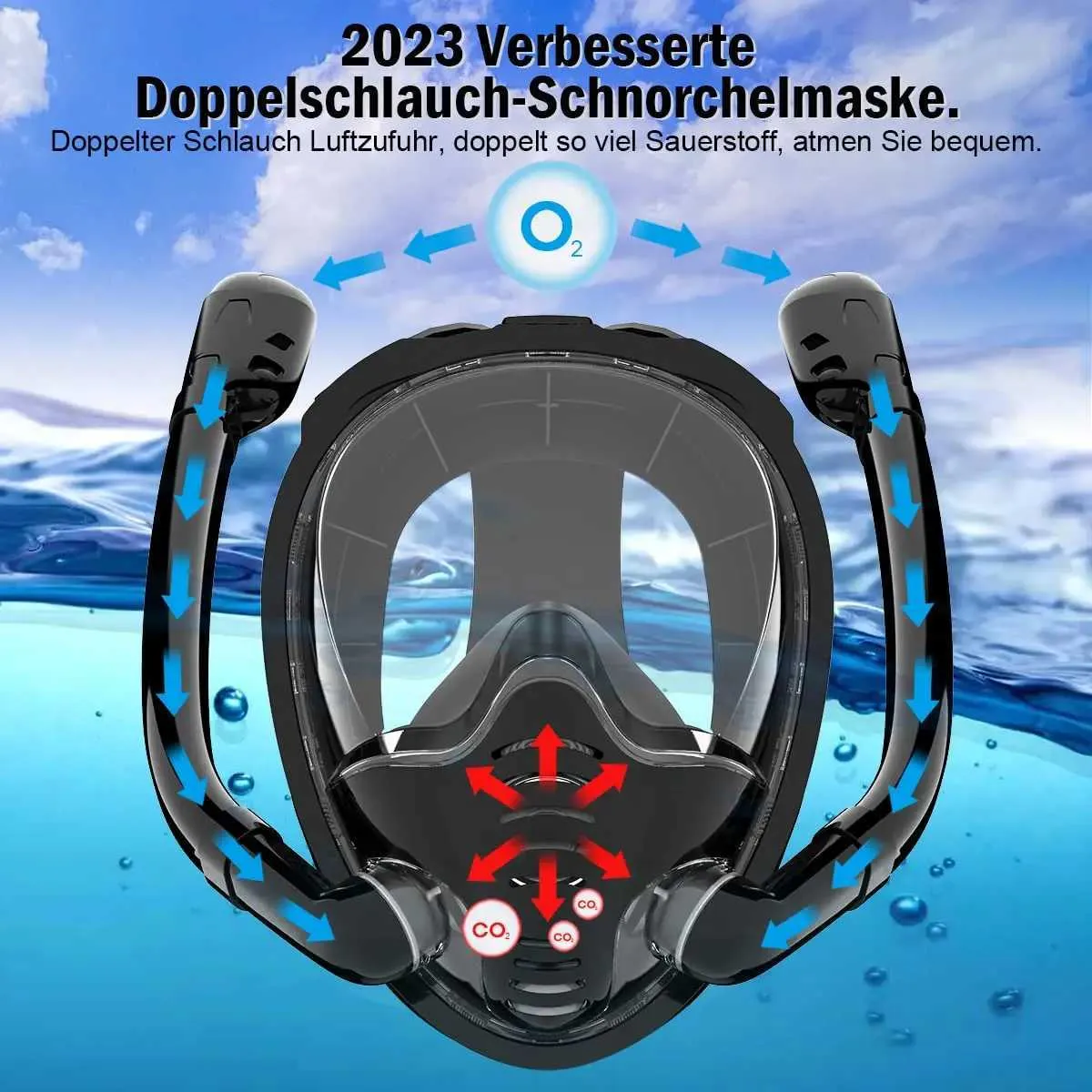 Accesorios de buceo Máscara de snorkel Actualización Máscara de snorkel de cara completa con 2 tubos de respiración Equipo de snorkel para adultos Máscara de buceo Fugas antiniebla 240119