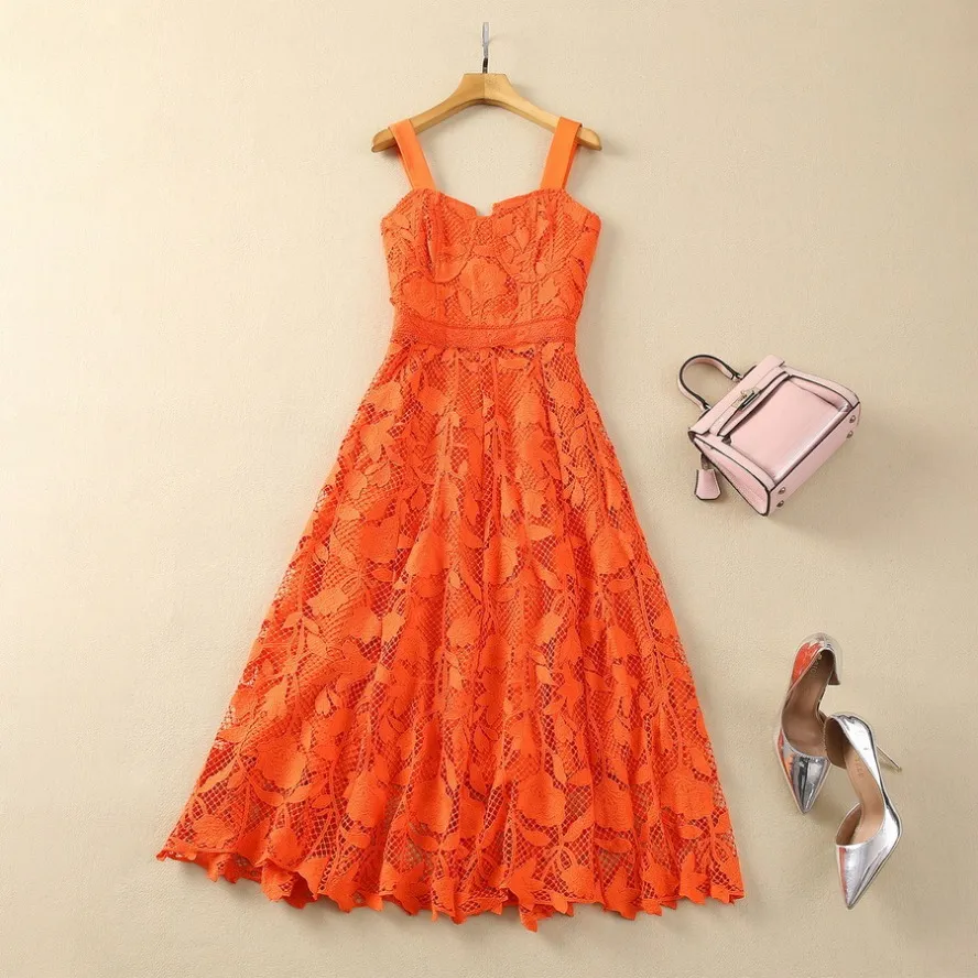 2024 Frühling Orange Blumen Spitzenkleid Spaghettiträger Quadratischer Ausschnitt getäfelte Midi-Freizeitkleider S4J160110 Plus Größe XXL