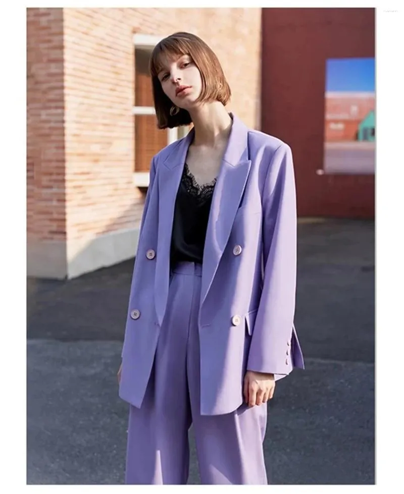 Women's Two Piece Pants Oversize Double Breasted Women Suits Set Tailor Made Purple Business Ladies Blazer Jacket With Trousers Loose