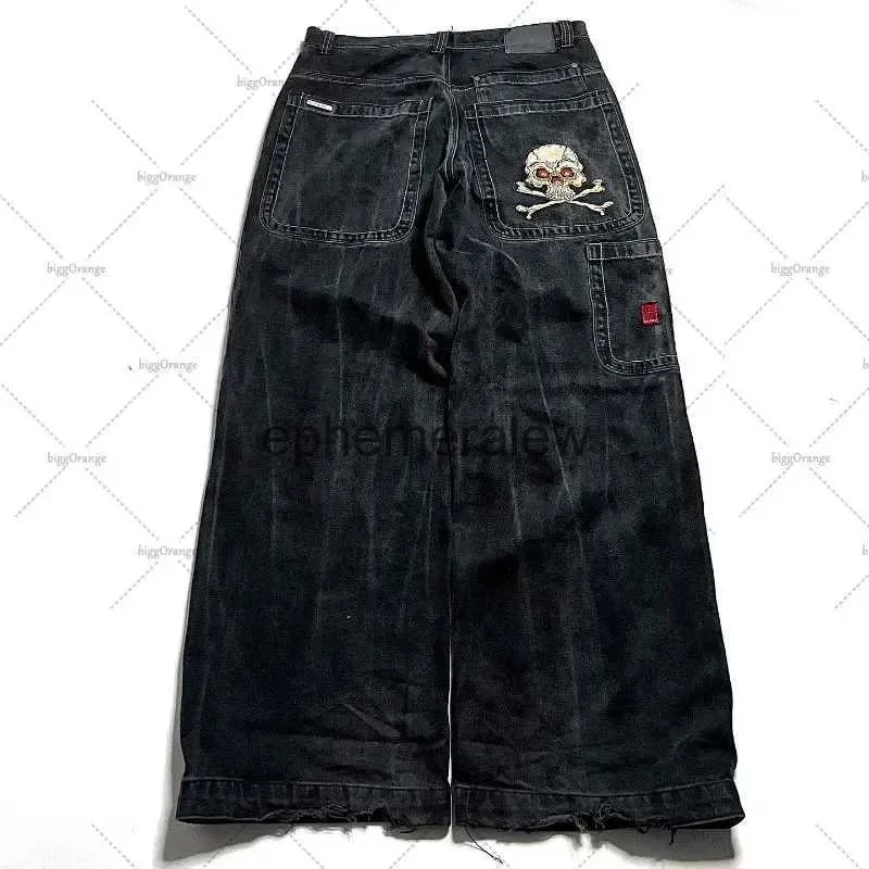 Men's Jeans 2023 Gothic Embroidered Skull Bones Letter Jeans Men's Y2K Street Hip Hop Clothing Harajuku High Waisted Wide Leg Pants Women'sephemeralew