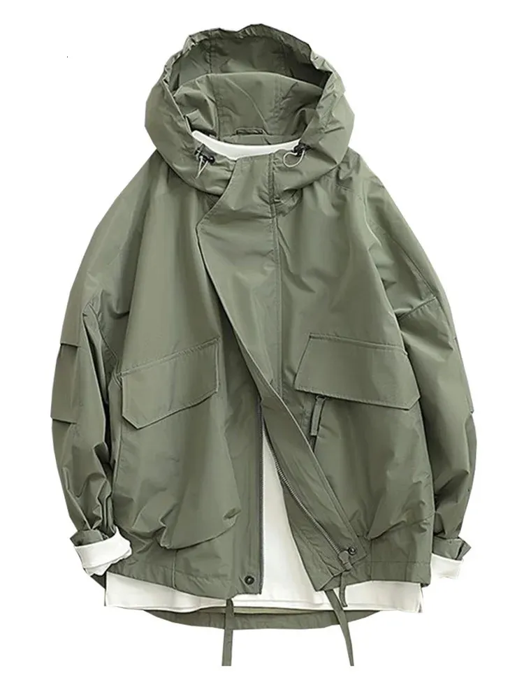 Bomber con cappuccio verde militare oversize uomo donna Harajuku maniche lunghe con cerniera cappotti cargo solidi autunno allentato all'aperto 240117