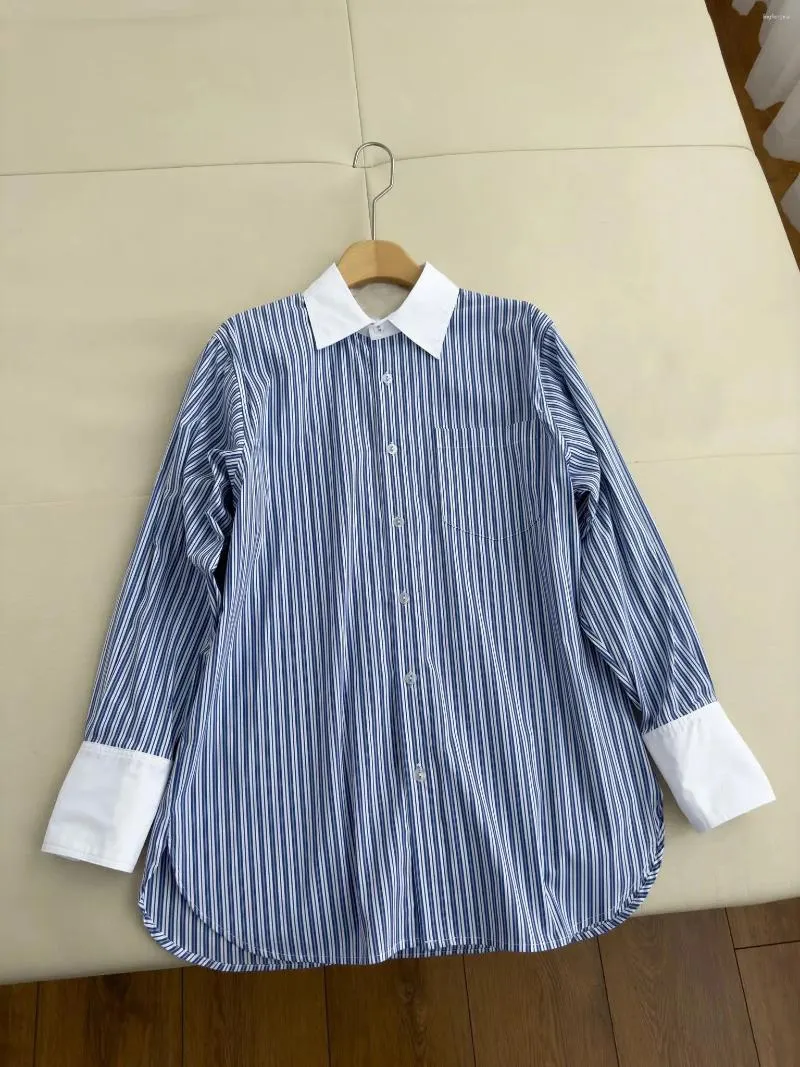 Women's Blouses 2024 Fashion Long-sleeved Sexy Casual Blue And White Striped Shirt 1127