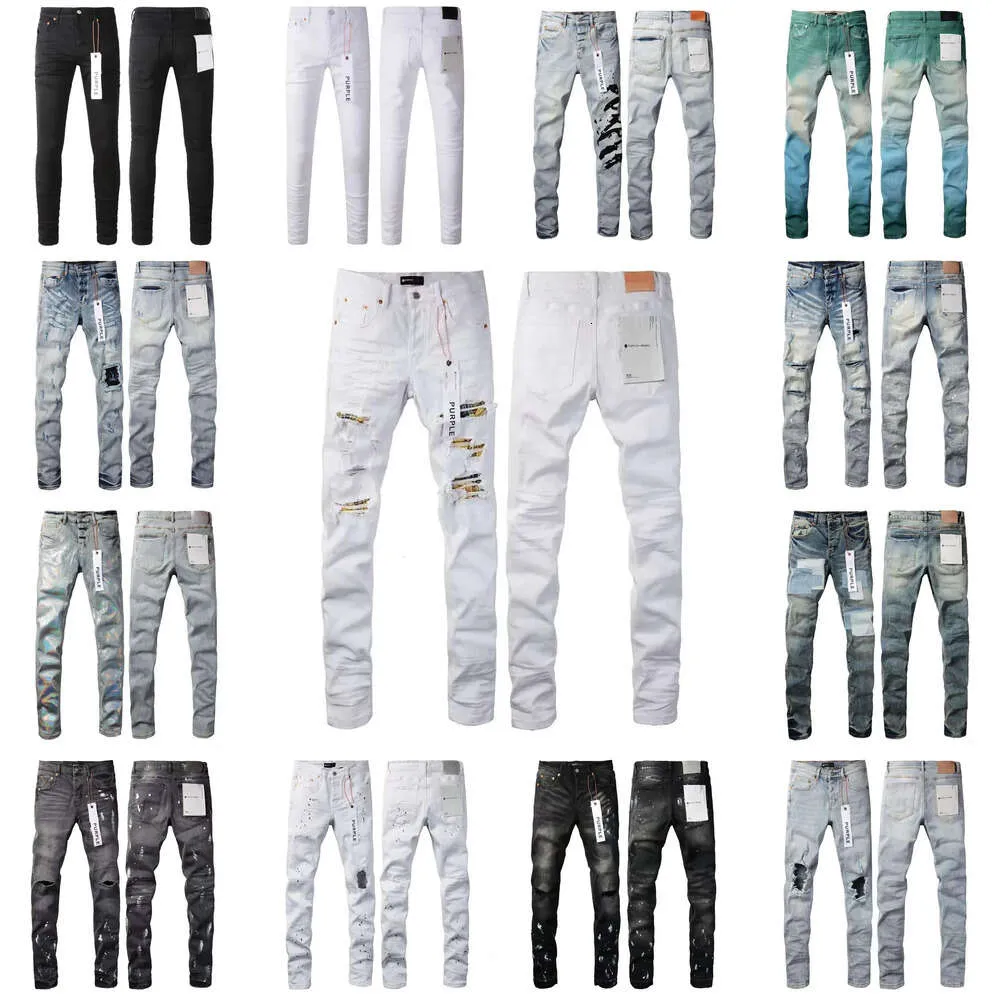 Mens Purple Brand Rise Skinny Men Jean White Quilted Destroy Pocket Vintage Stretch Cotton Jeans