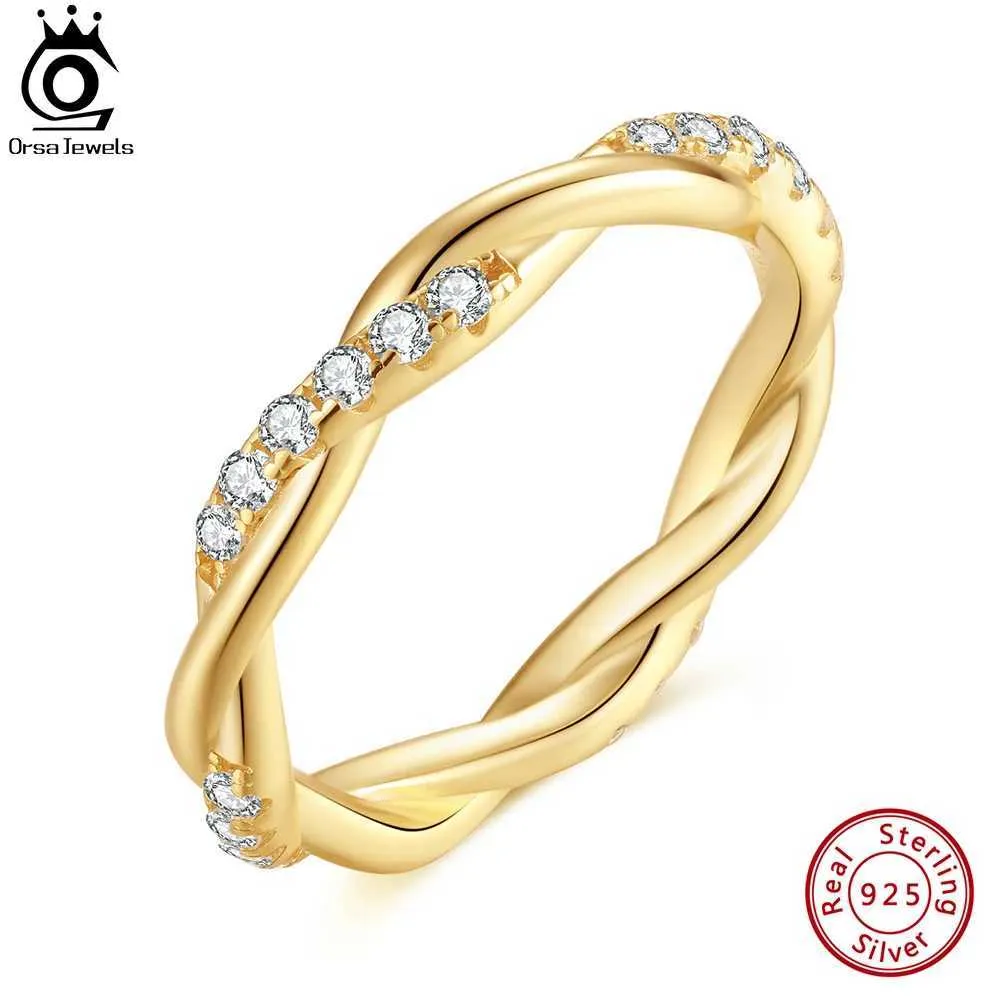 Bandringe ORSA JEWELS 14K vergoldete gedrehte Ringe 925er Sterlingsilber, zierlicher, glänzender Zirkon-Fingerring für Damen, Schmuck, Geschenk, SR317 J240118