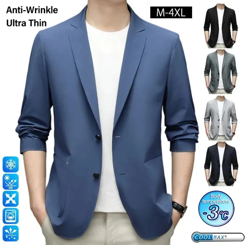 Anti-rides Ultra mince glace soie costume veste été hommes Blazer respirant Stretch costume décontracté 4XL grande taille léger Blazers 240117