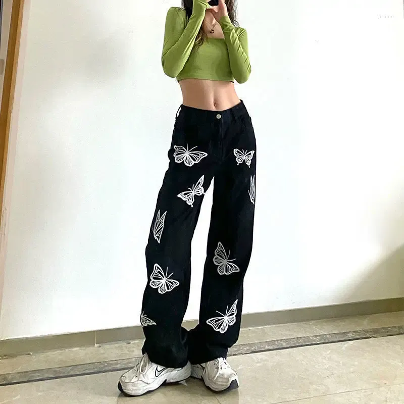 여자 바지 여성용 검은 스트레이트 청바지 y2k 나비 인쇄 세련된 한국 캐주얼 헐렁한 바지 여성 2024