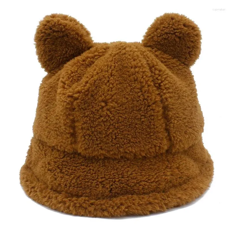 Berets Warm Buckets Hat Faux Fur Fluffy Winter Hats Fishman Bear Ear Autumn Bucket Panama Hiphop Fishing Caps Blower