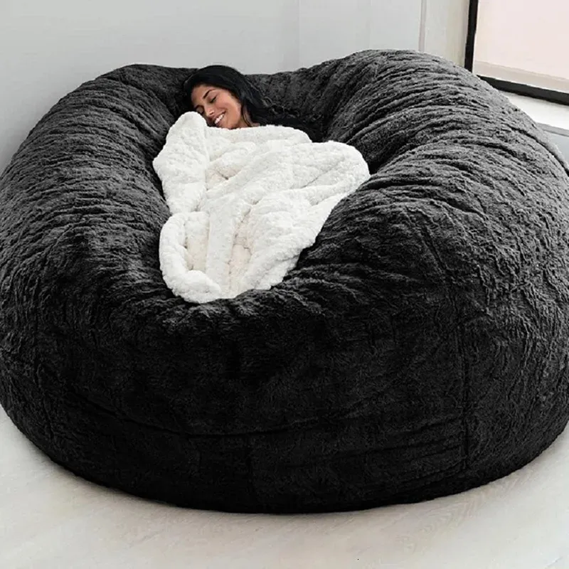 Drop giant fur bean bag cover big round soft fluffy faux fur beanbag lazy sofa bed cover living room furniture 240118