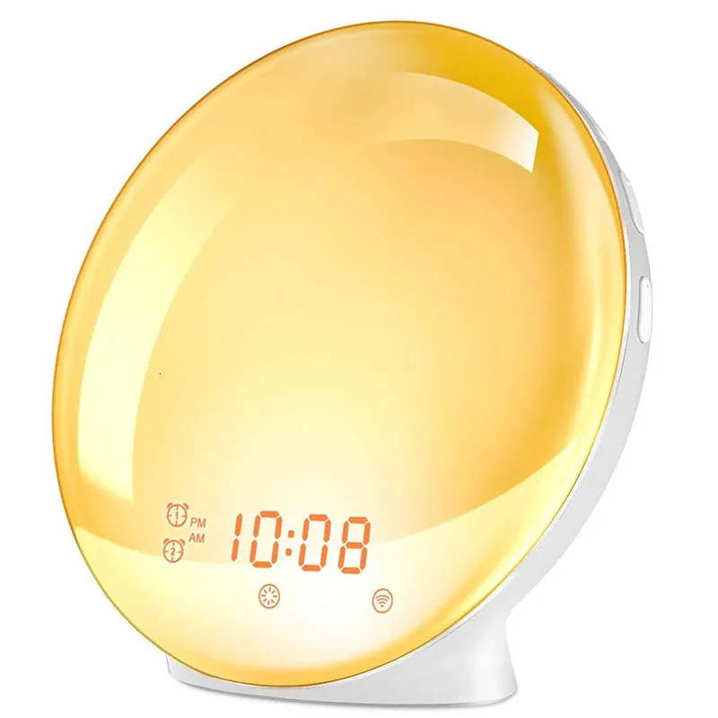 Vakna lätt väckarklocka med SunRisesUnset Simulation Dual Alarms FM Radio Nightlight 7 Colors Natural Sounds Snooze 240118