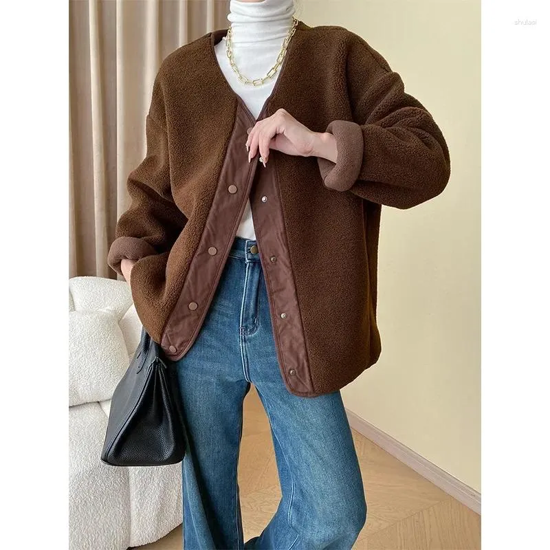 Women's Jackets Loose Casual Cashmere Wool Padded Splicing Jacket Warm Fashion Brown Black Long Sleeve Basic Autumn Winter Korean Women Coat