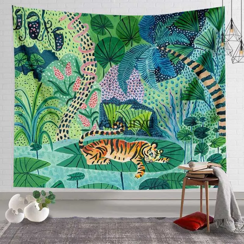 Tapestries Animal King Forest Tiger Tapestry Wall Hangende tropische palmplant Bloem Boheemse woning Decoratie Yoga Mat Dekenvaiduryd