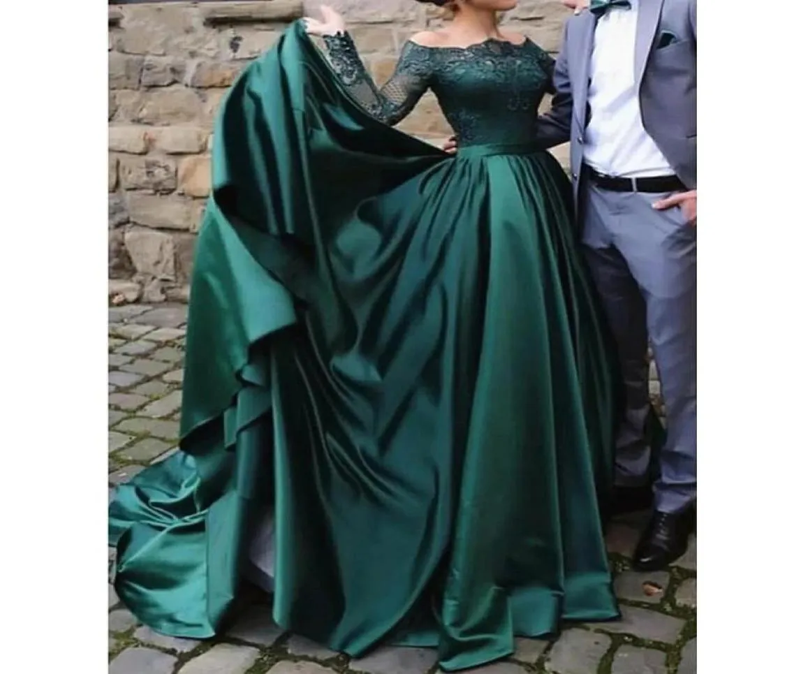 Partykleider Elegante muslimische lange Ärmel Spitze Smaragdgrün Abend 2021 schulterfrei Satin formelles Kleid Ball2049688