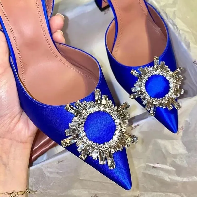 2024 Designer Womens High Heeled Sandals Shoe Pointed Toes Sunflower Crystal Buckle Empelled Studded Sandal Summer 10cm Heel Fashion Leather Sole Women Shoes