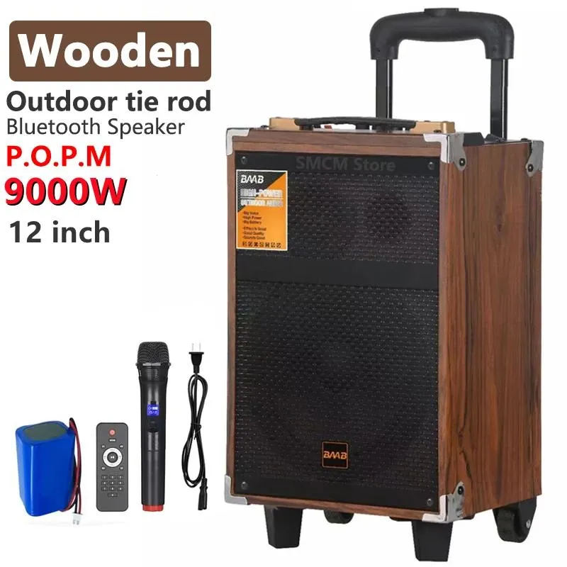 Speakers Wooden 12 Inch, 8 Inch Karaoke Party Subwoofer 9000W Peak Power Large Outdoor Handcart Bluetooth Speaker with Microphone FM USB