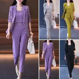 Women`s Two Piece Pants 3 Pcs/Set Women Business Suit V Neck Sleeveless Vest Half Sleeve Lapel Hollow Out Coat High Waist Harem Solid Color